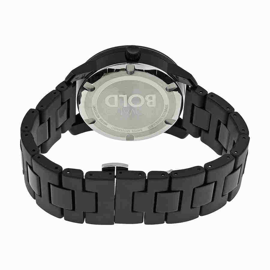 Rear view of Movado Bold 42mm watch showing black polyurethane bracelet and caseback