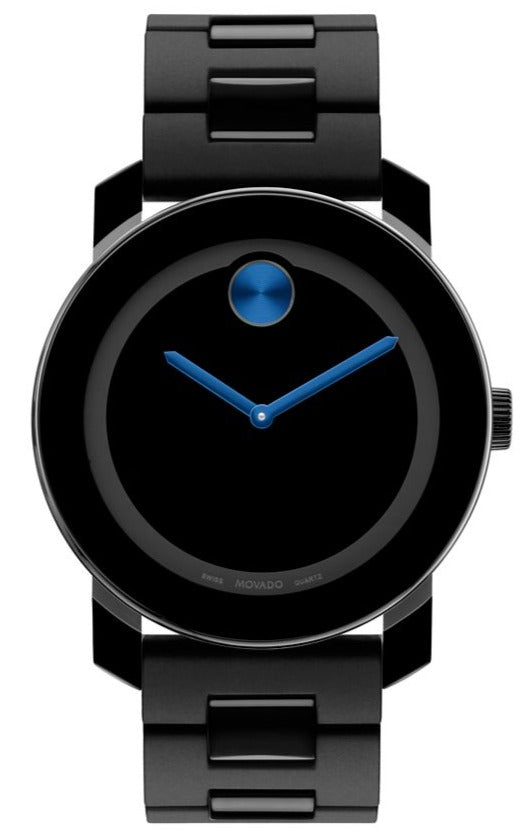 Movado Bold 42mm watch with black dial, blue hands, and black polyurethane strap
