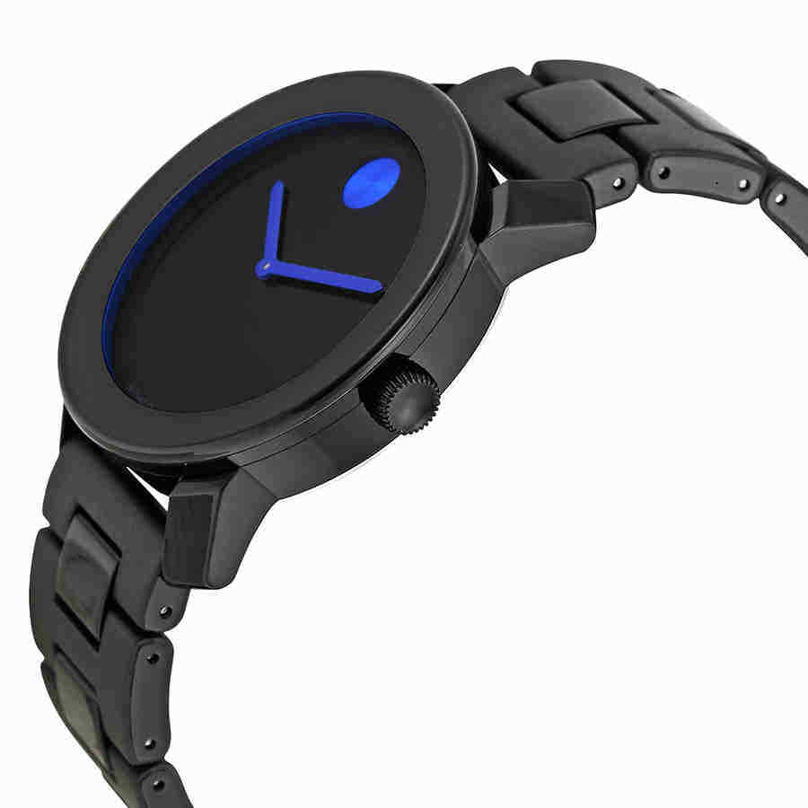 Movado Bold 42mm watch worn on wrist showing black dial and blue hour hand