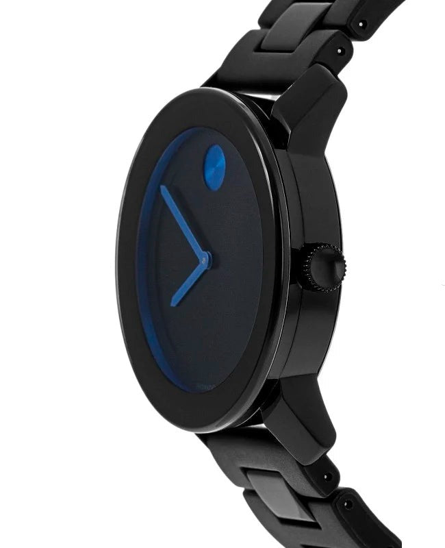 Side profile of Movado Bold 42mm watch with black case and crown detail