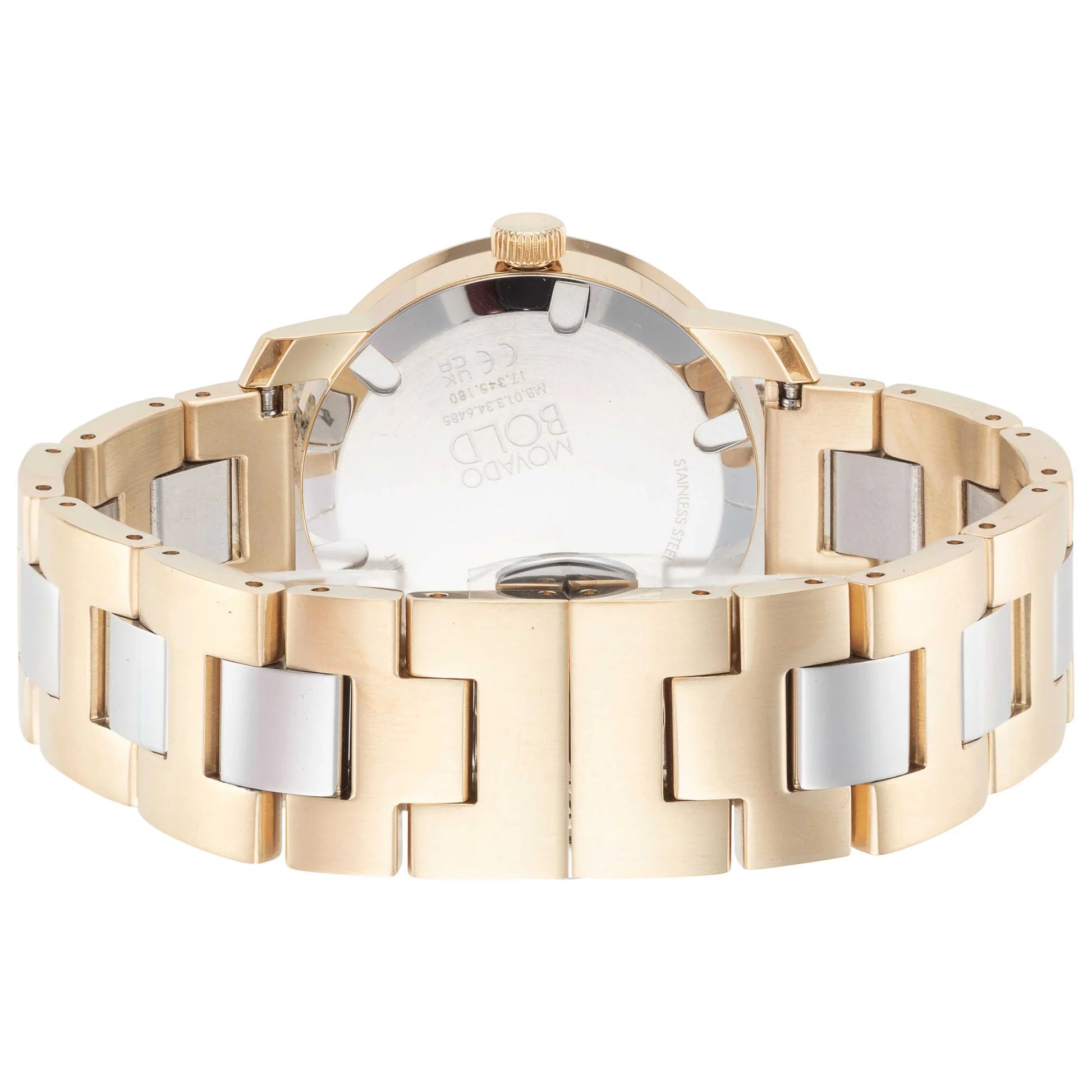 Caseback of Movado Bold watch showing yellow gold and silver bracelet construction