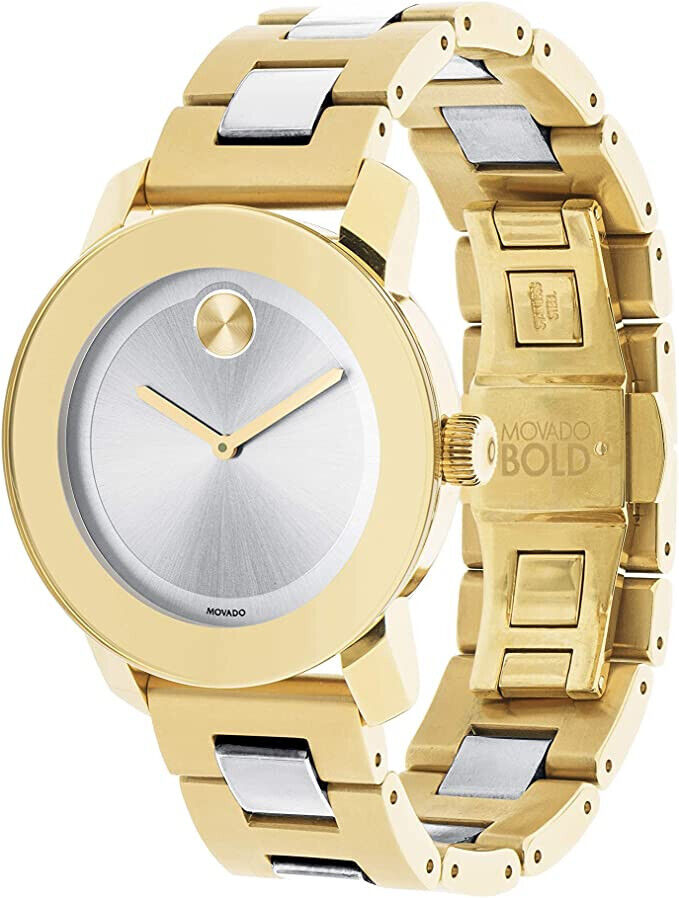 Side profile of Movado Bold watch displaying yellow gold and silver bracelet links