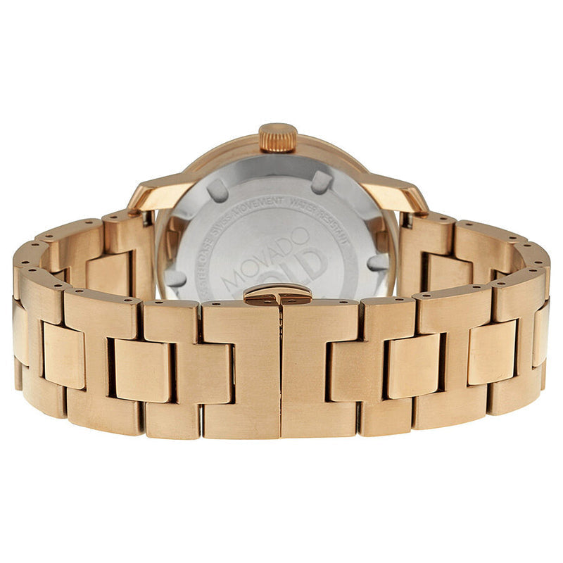 Movado Bold watch caseback view showing rose gold-tone bracelet and case back