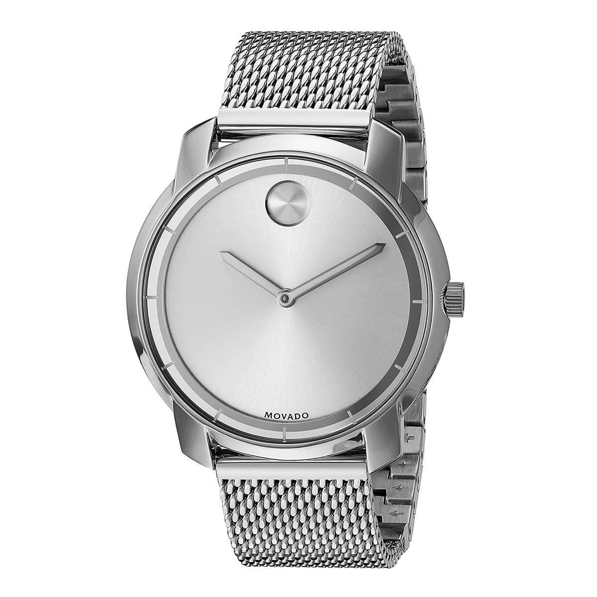 Movado Bold watch at angle showing mesh bracelet and minimalist dial design