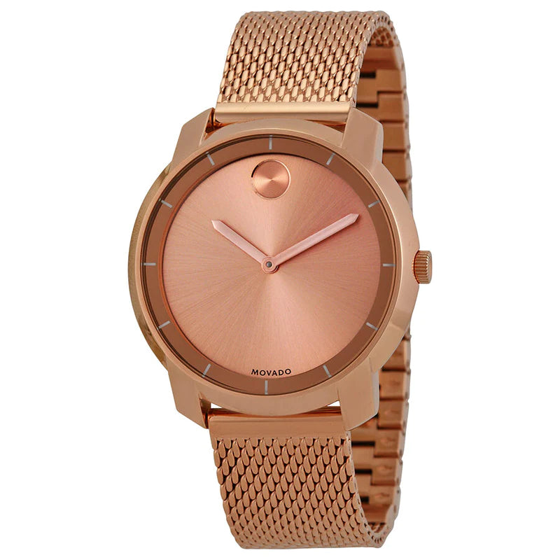 Movado Bold rose gold watch featuring rose gold ionplated case and mesh bracelet at angle