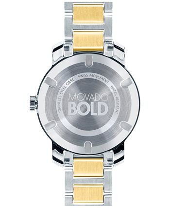Movado Bold caseback showing engraved BOLD branding and two-tone metal bracelet