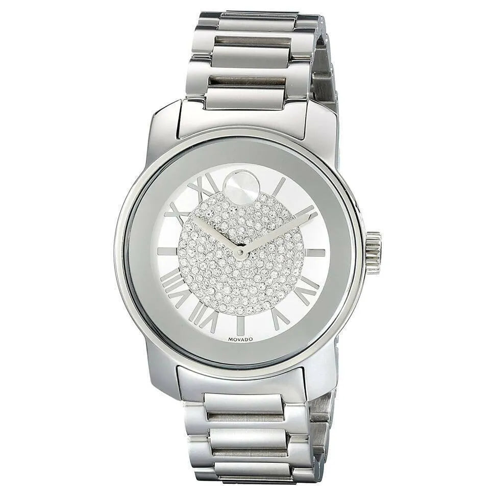 Movado Bold women's watch three-quarter view showing pave crystal dial and steel bracelet