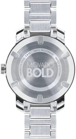 Movado Bold caseback showing engraved MOVADO BOLD logo and stainless steel bracelet