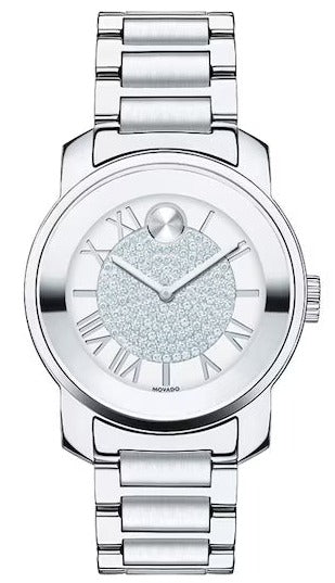 Movado Bold silver steel watch with crystal pave dial and Roman numeral markers