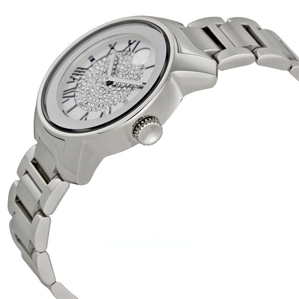 Movado Bold watch worn on wrist showing crystal pave silver dial face detail