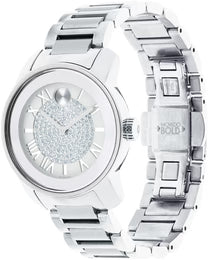 Side view of Movado Bold watch with stainless steel link bracelet and crystal dial