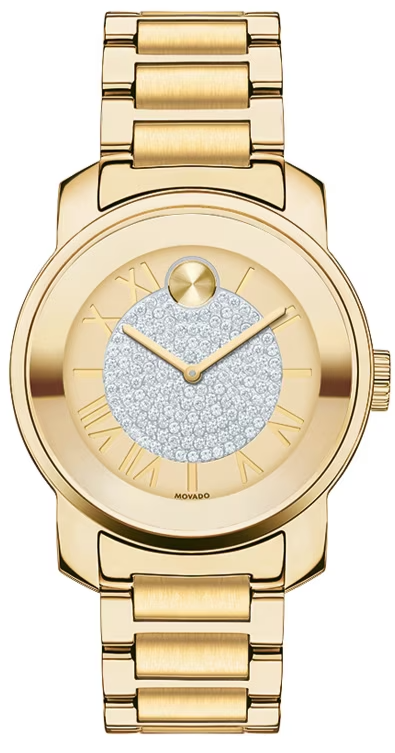Movado Bold gold-tone women's watch with pave crystal dial and Roman numeral markers