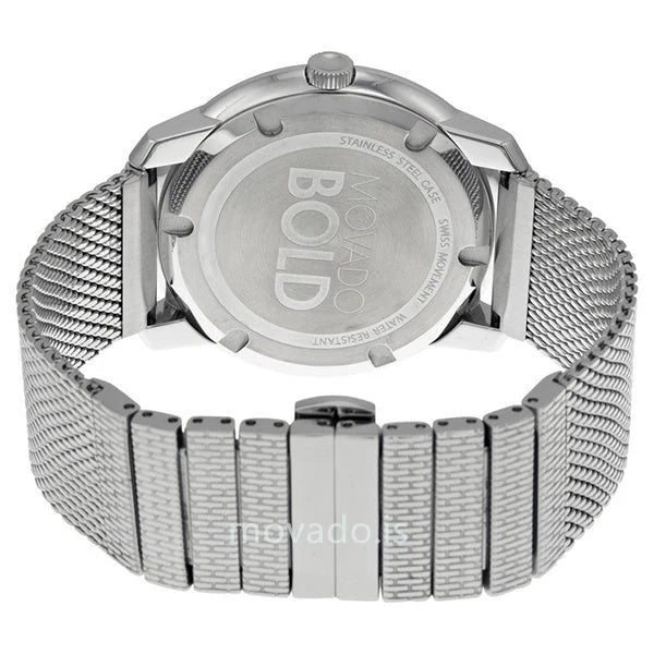 Movado Bold Thin watch caseback showing stainless steel with model and branding