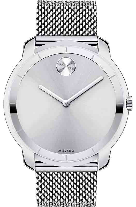 Movado Bold Thin stainless steel watch with silver dial and mesh bracelet, front view