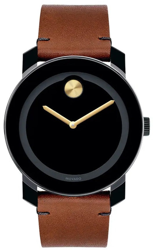 Movado Bold black dial watch with gold dot and hands, black case, tan leather strap