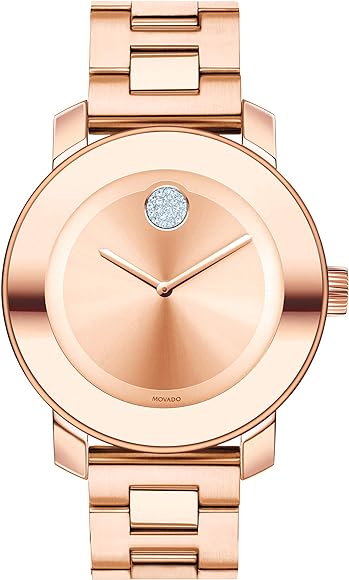 Movado Bold ladies watch with rose gold case, bronze dial, and rose gold bracelet