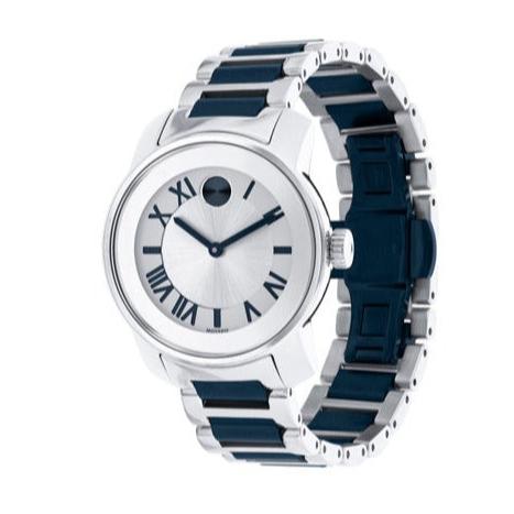 Movado Bold watch angled view showing silver dial and two-tone bracelet