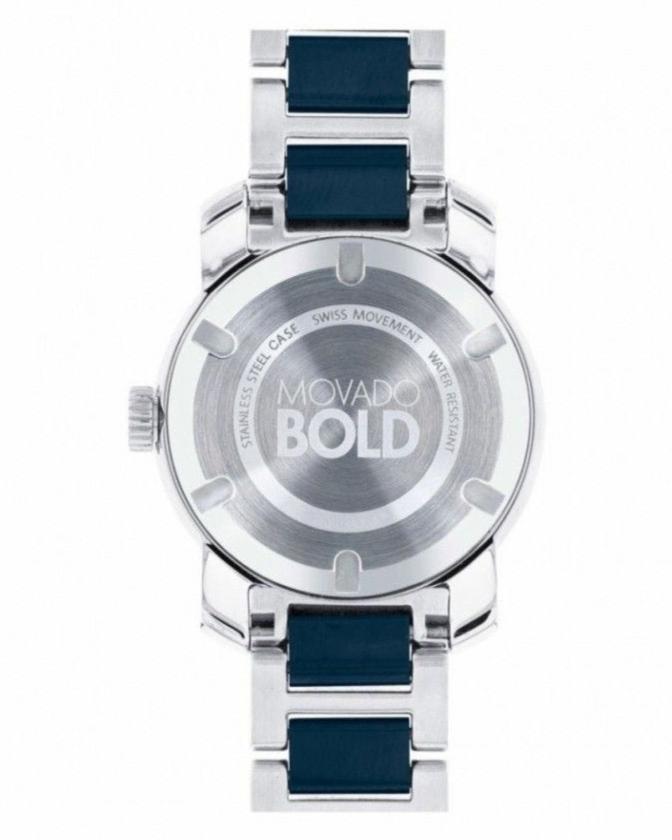 Movado Bold caseback showing engraved logo and text on stainless steel case