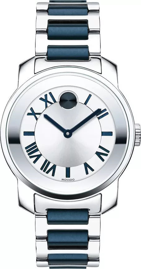 Movado Bold silver dial ladies watch with two-tone stainless steel and blue ceramic bracelet