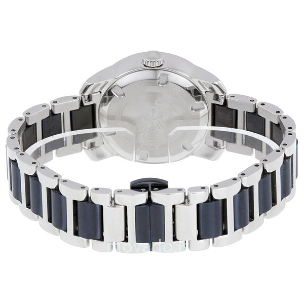Movado Bold bracelet detail showing alternating stainless steel and blue ceramic links
