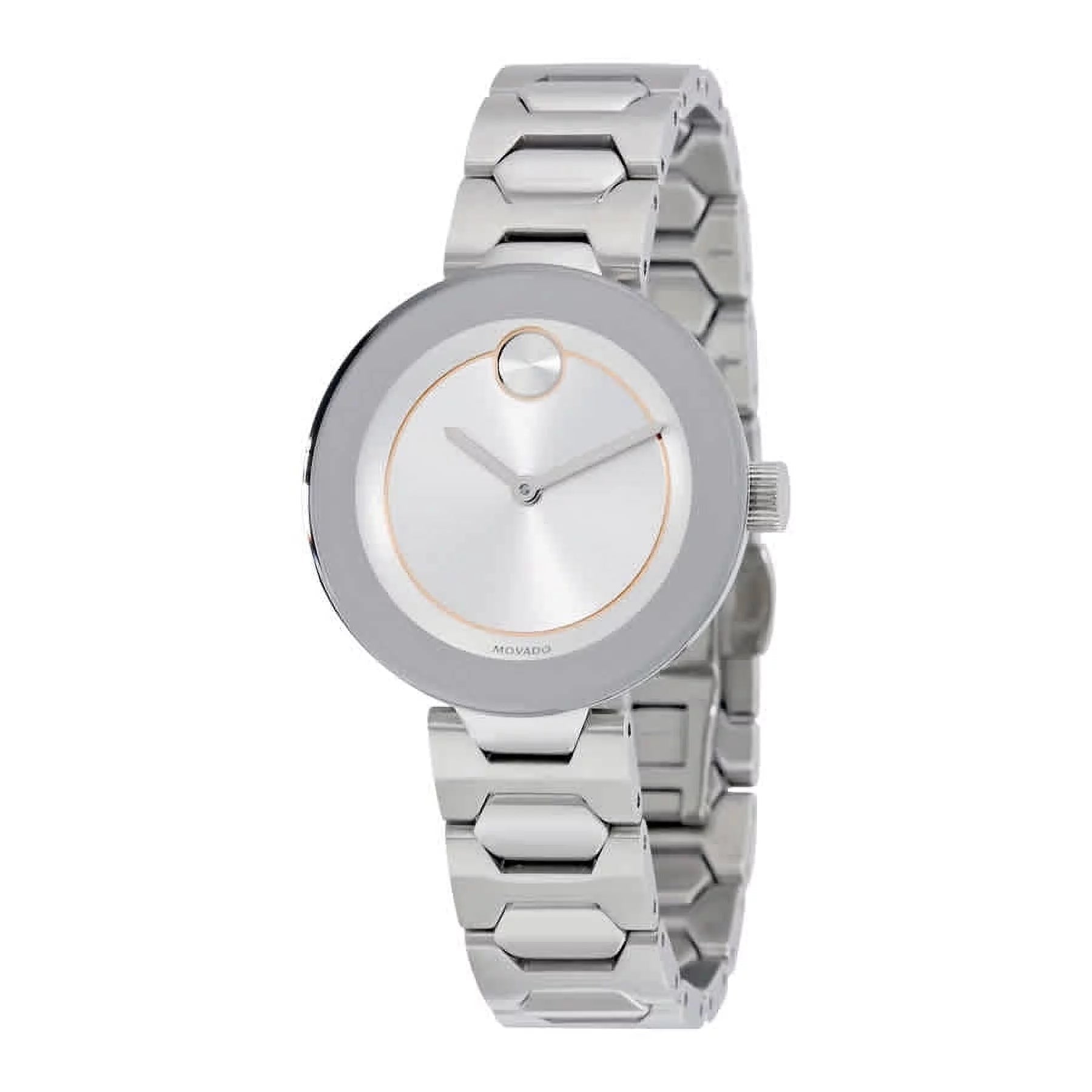 Movado Bold women's watch silver stainless steel angled view showing dial and link bracelet