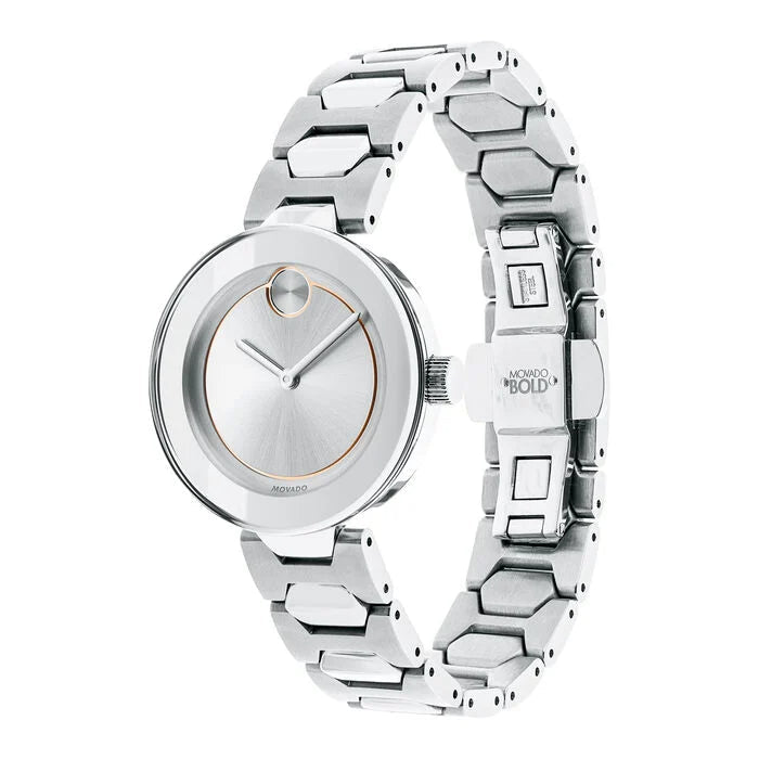 Movado Bold women's watch side profile view of silver stainless steel bracelet and case
