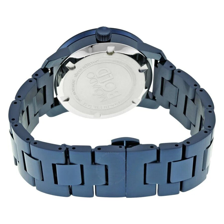 Movado Bold watch caseback detail view of blue stainless steel bracelet links