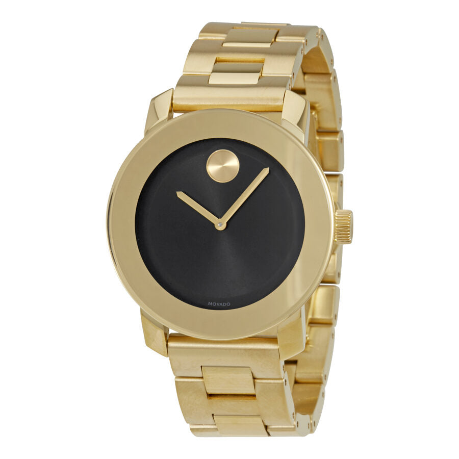 Movado Bold black dial gold tone watch with iconic dot design and bracelet