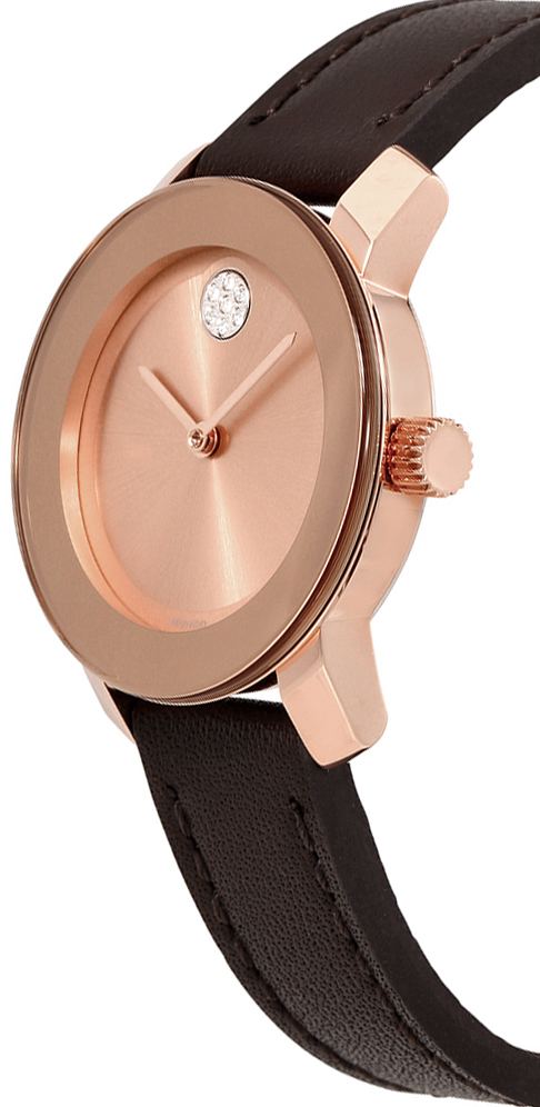 Movado Bold 3600438 rose gold watch with sunray rose dial and brown leather band