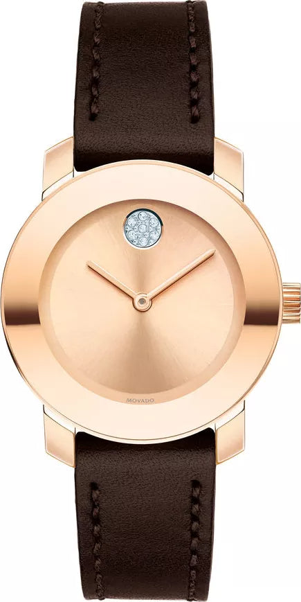 Movado Bold rose gold ladies watch with rose sunray dial and brown leather strap