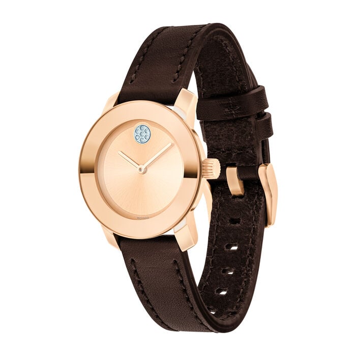 Movado Bold ladies watch side profile with rose gold case and brown leather strap