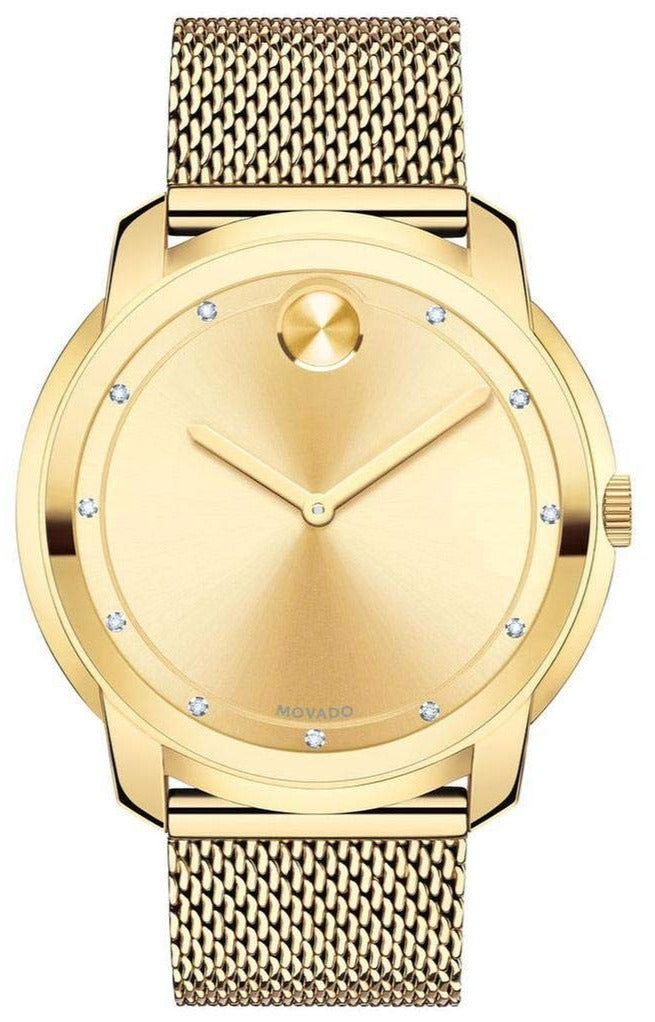 Gold Movado Bold watch with sunray dial, iconic dot, diamond hour markers, and mesh strap