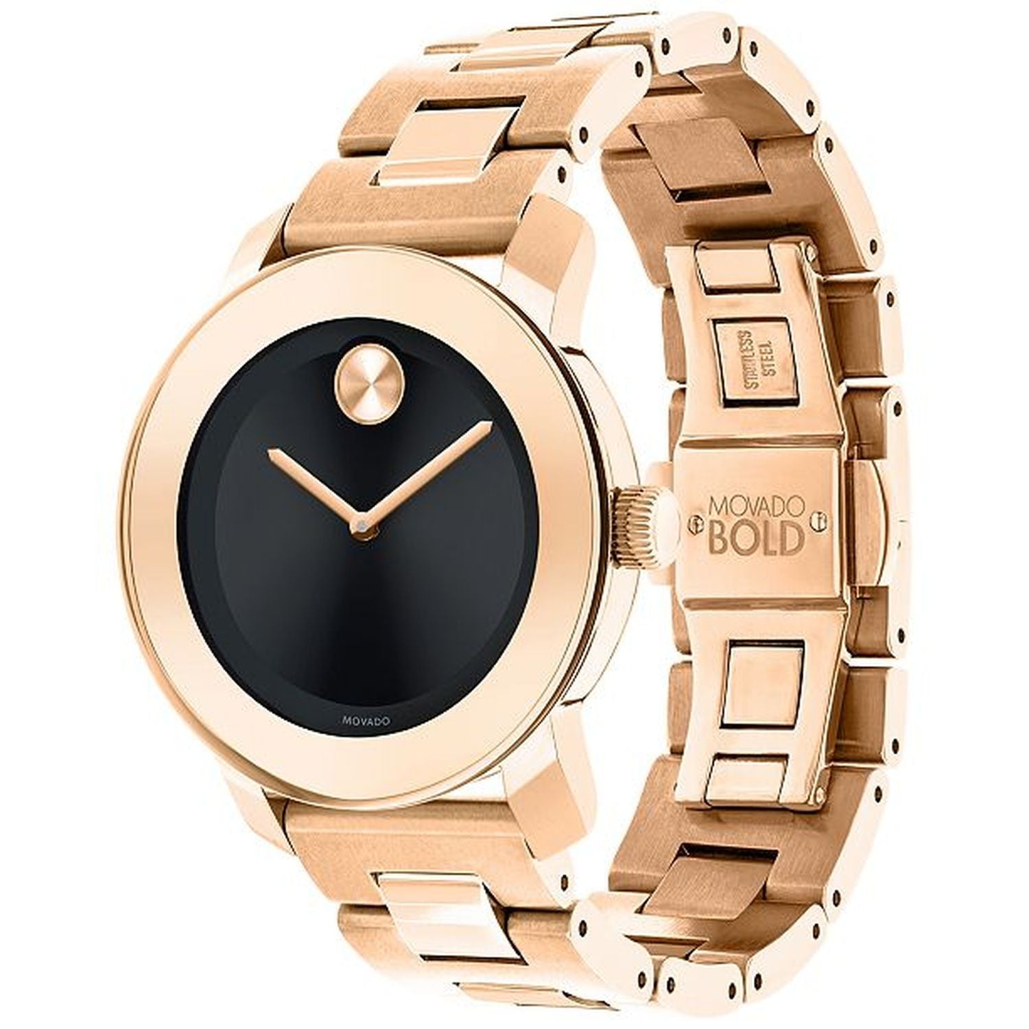 Movado Bold rose gold-tone watch shown at angle with matching bracelet