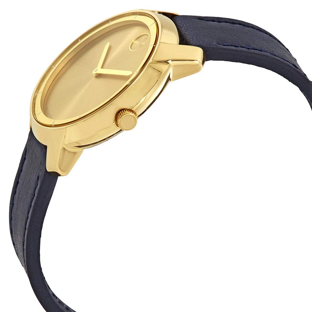 Side view of Movado Bold yellow gold case with gold crown and navy strap