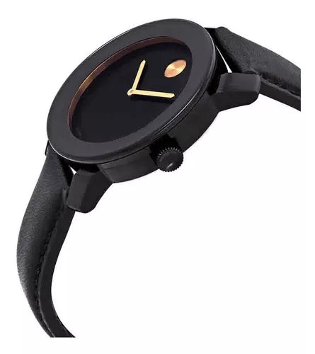 Side angle view of Movado Bold watch showing black case, dial with gold accents and black leather strap