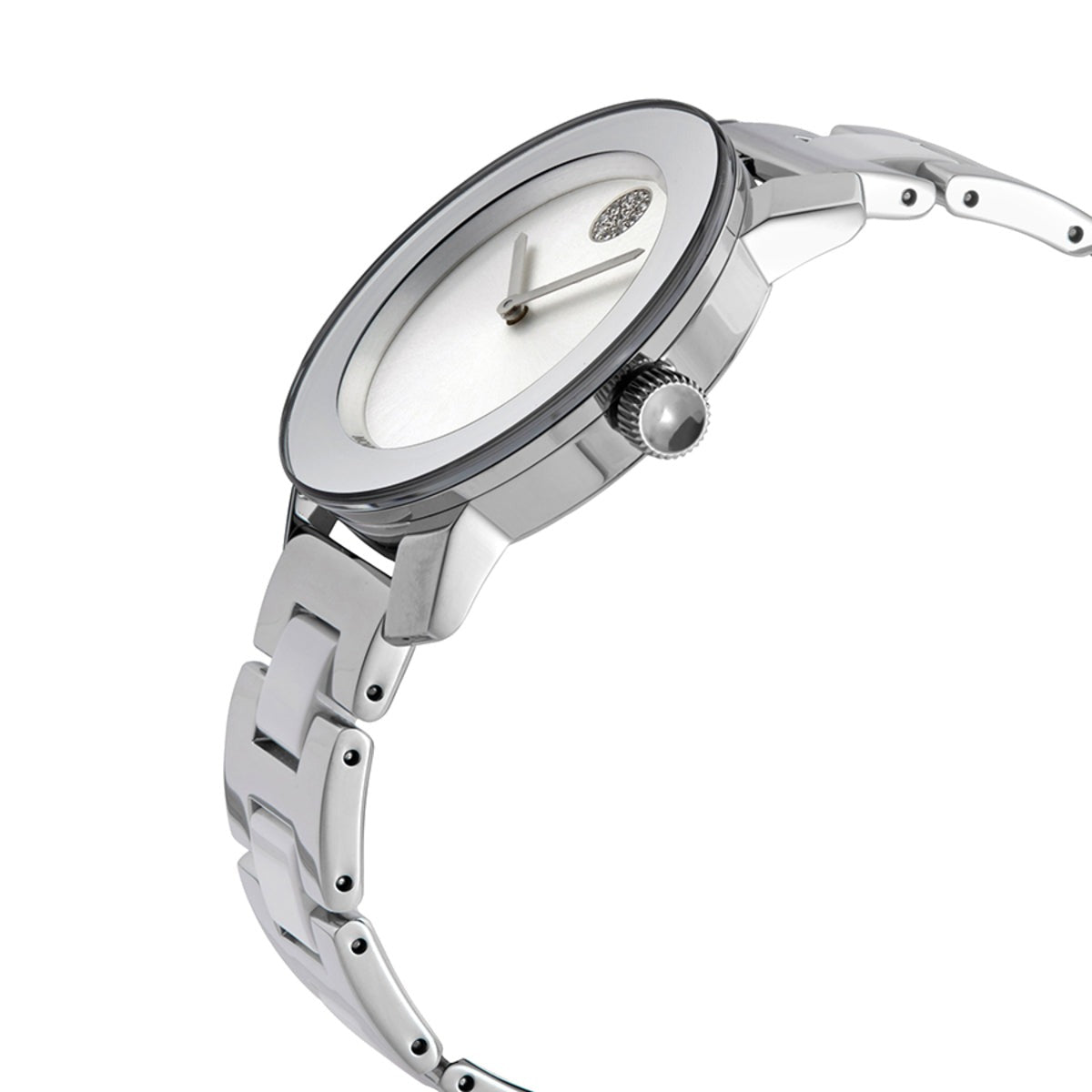 Side angle view of Movado Bold ceramic women's watch with stainless steel bracelet