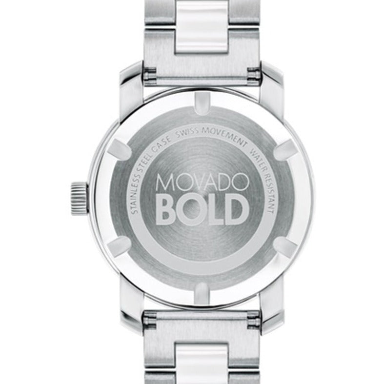 Movado Bold caseback showing BOLD branding and stainless steel construction