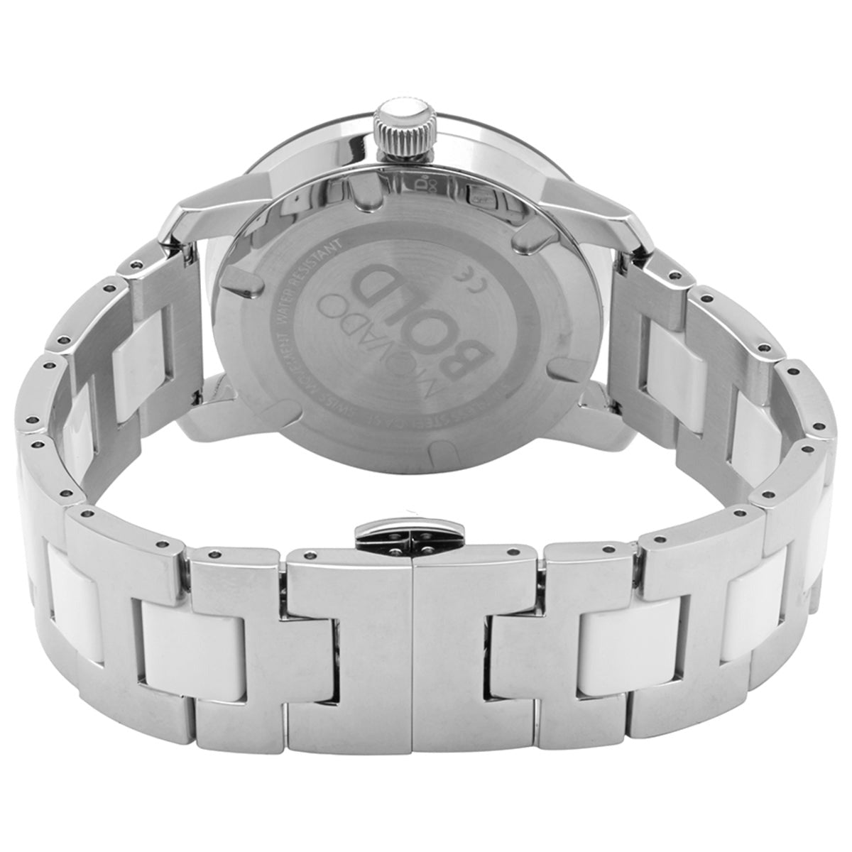 Movado Bold women's watch back view showing ceramic case and stainless steel link bracelet