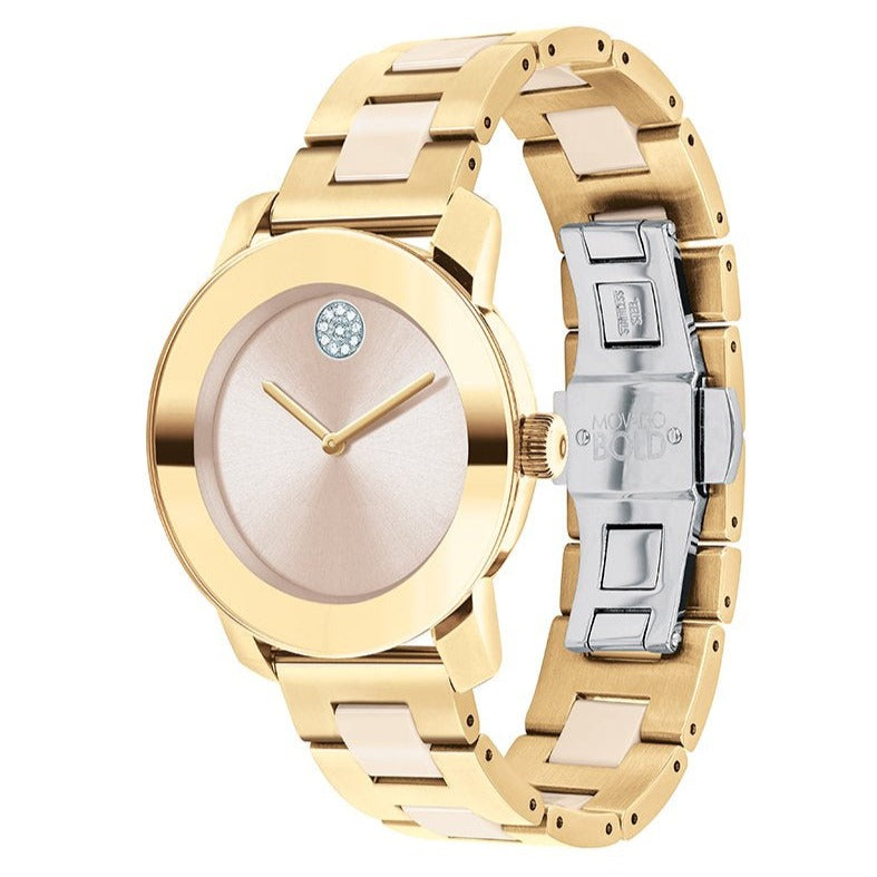 Movado Bold watch shown at angle displaying two-tone gold and silver stainless steel bracelet