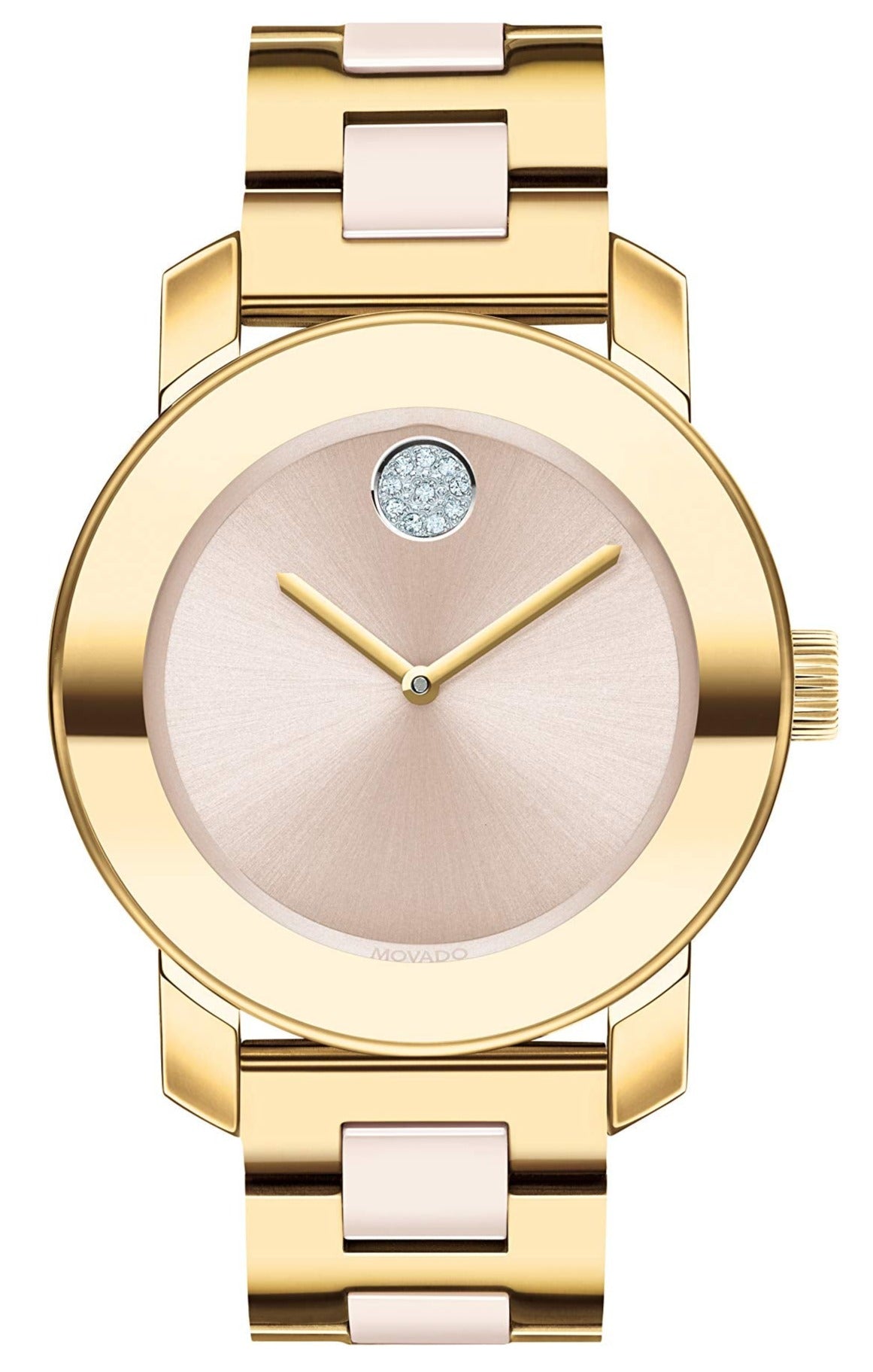 Movado Bold women's watch with beige ceramic dial, gold tone steel case and two-tone bracelet