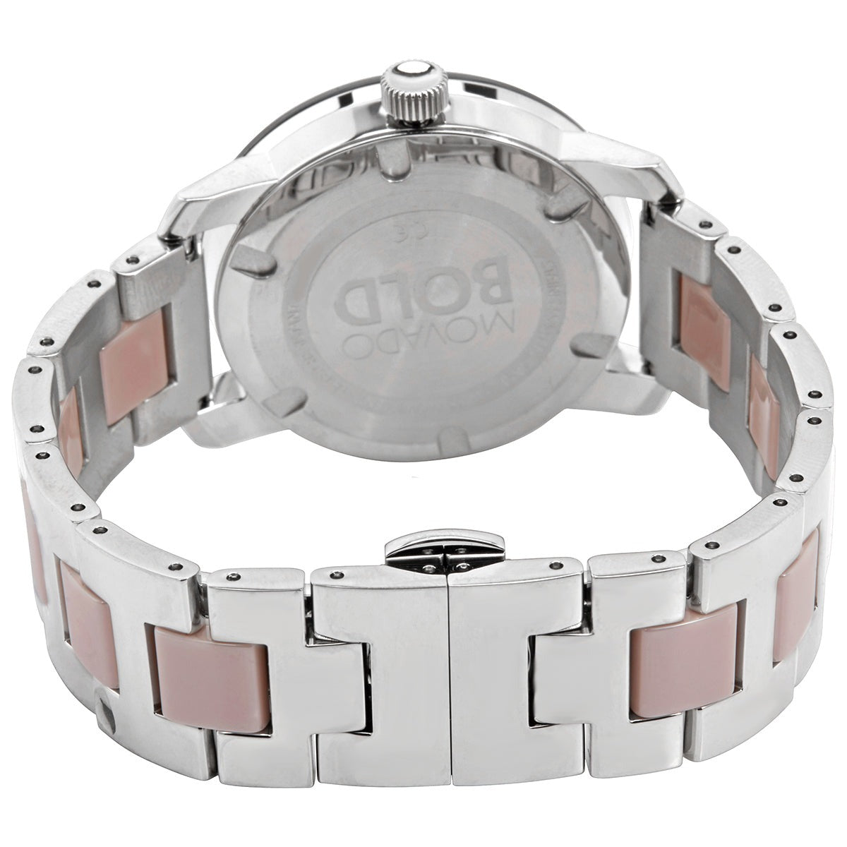 Movado Bold watch case back with engraved BOLD text and pink ceramic strap links visible