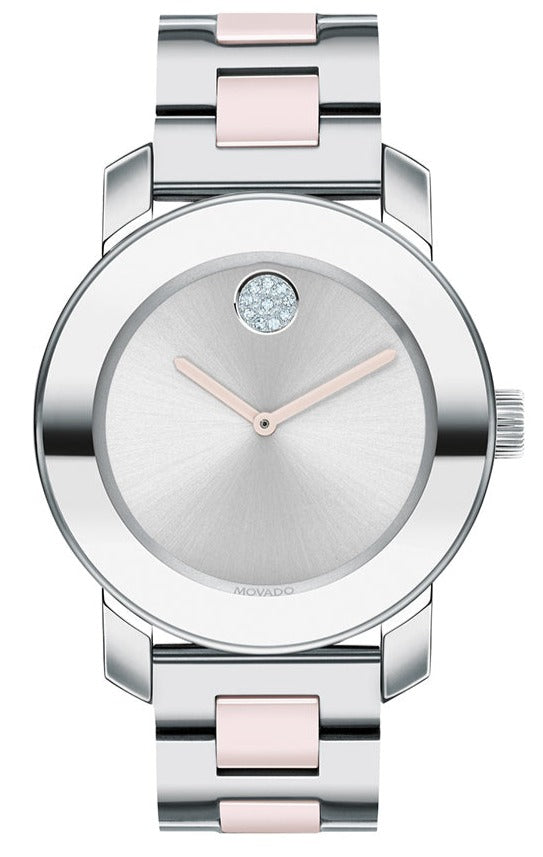 Movado Bold women's watch with silver dial, stainless steel and pink ceramic strap, and Movado dot