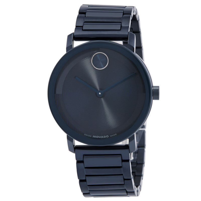 Movado Bold men's watch featuring blue dial with Museum dot and blue bracelet