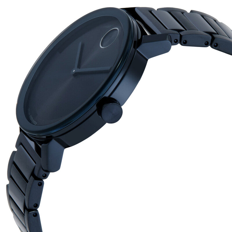 Side view of Movado Bold blue ion plated watch showing case profile and bracelet