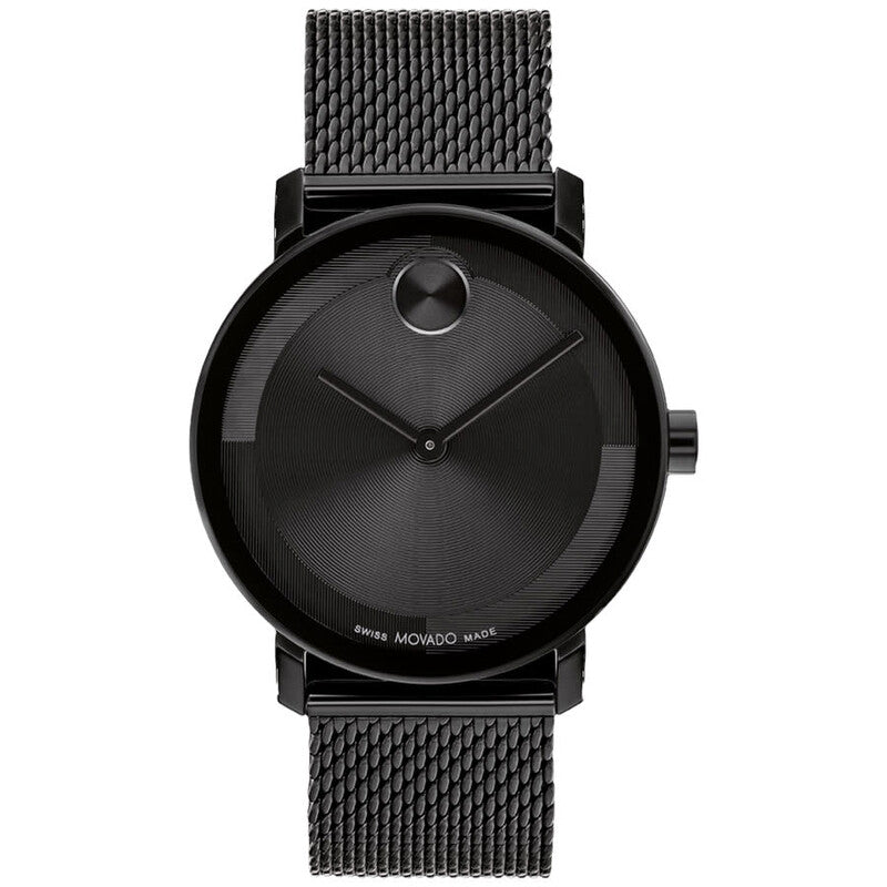 Movado Bold black dial men's watch with black mesh strap and minimalist design