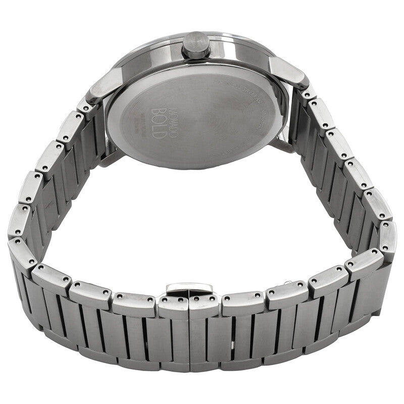 Caseback view of Movado Bold Evolution watch with stainless steel bracelet
