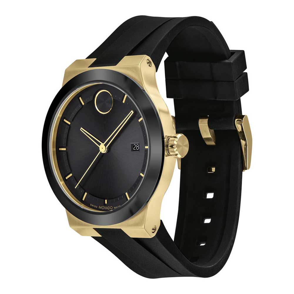 Movado Bold Fusion watch at angle showing gold case, black dial, and rubber strap