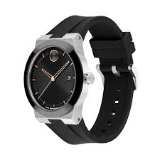 Movado Bold Fusion watch at angle showing case and black strap