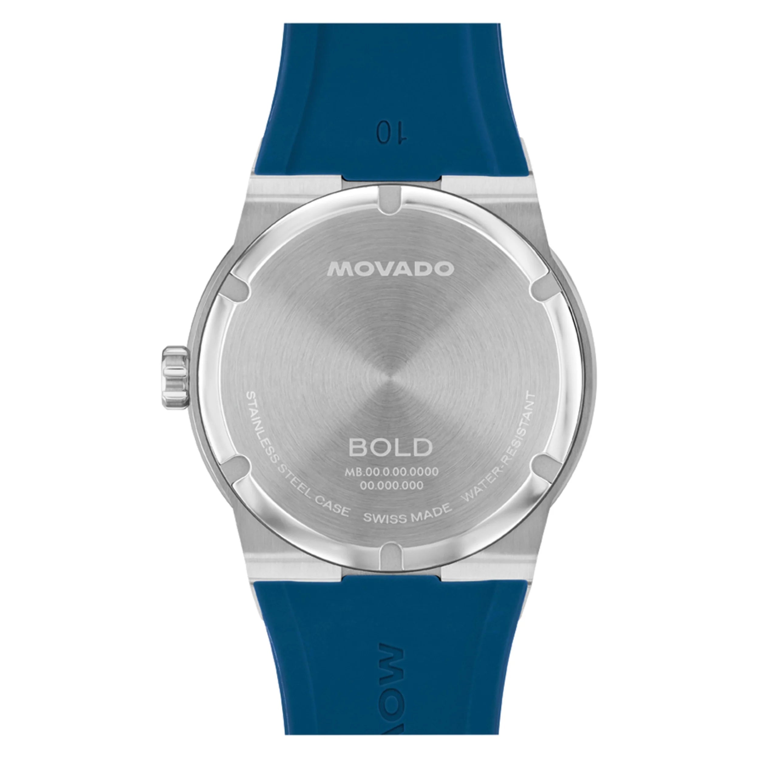 Movado BOLD Fusion watch caseback showing stainless steel and Swiss made engraving