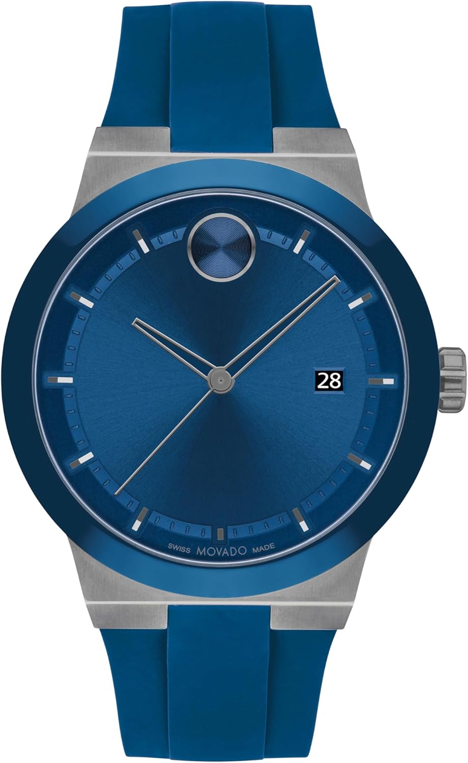 Movado BOLD Fusion blue sunray dial watch with stainless steel and blue rubber strap